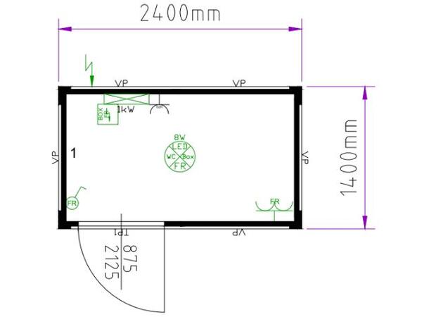 MODULBOKS 8 FOT ISOLERT GRÅ CONTAINER Lys- varme, 2400x1400x2540mm 